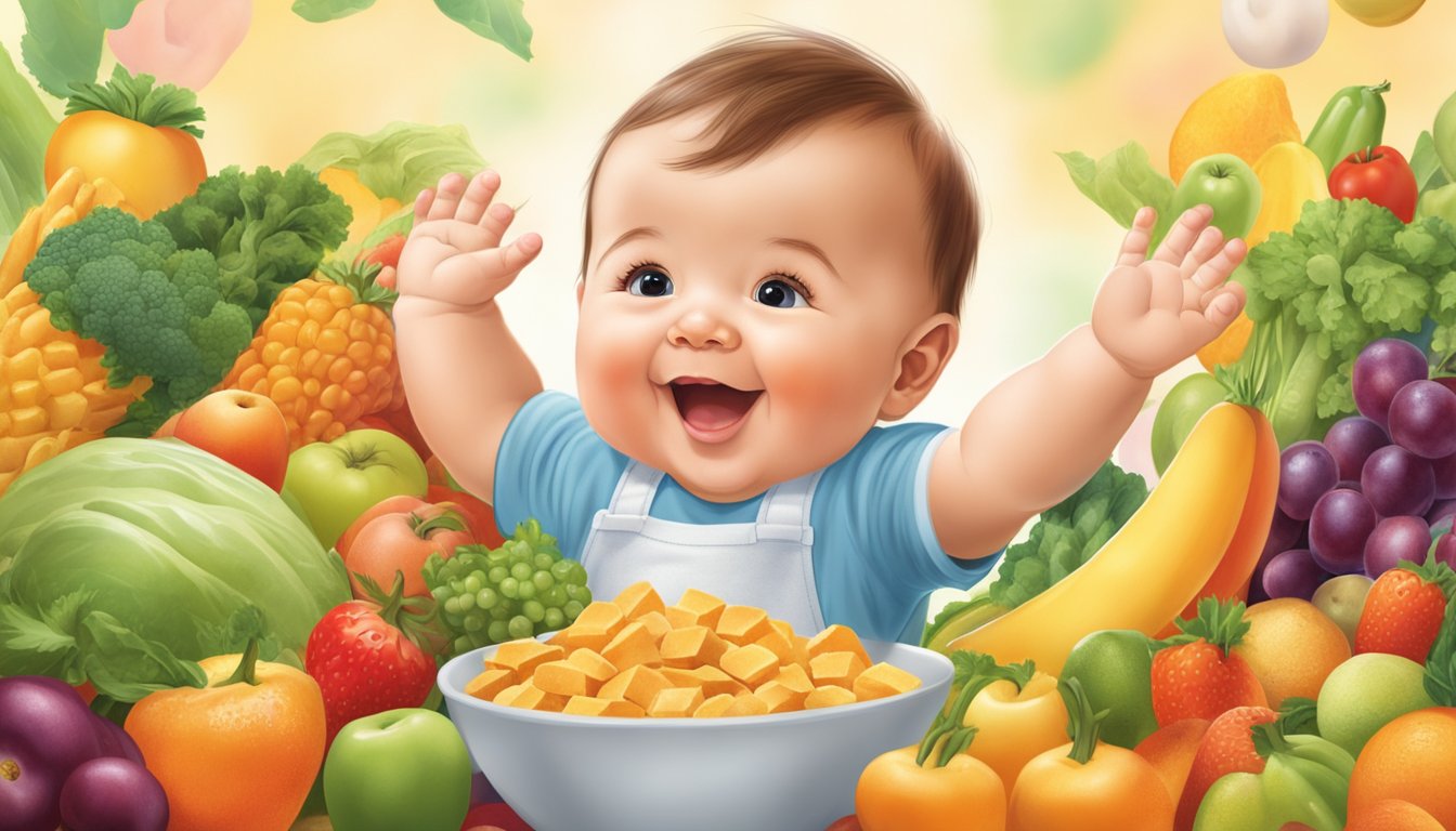 A happy baby reaching for a Heinz Baby Farleys Rusk, surrounded by colorful fruits and vegetables