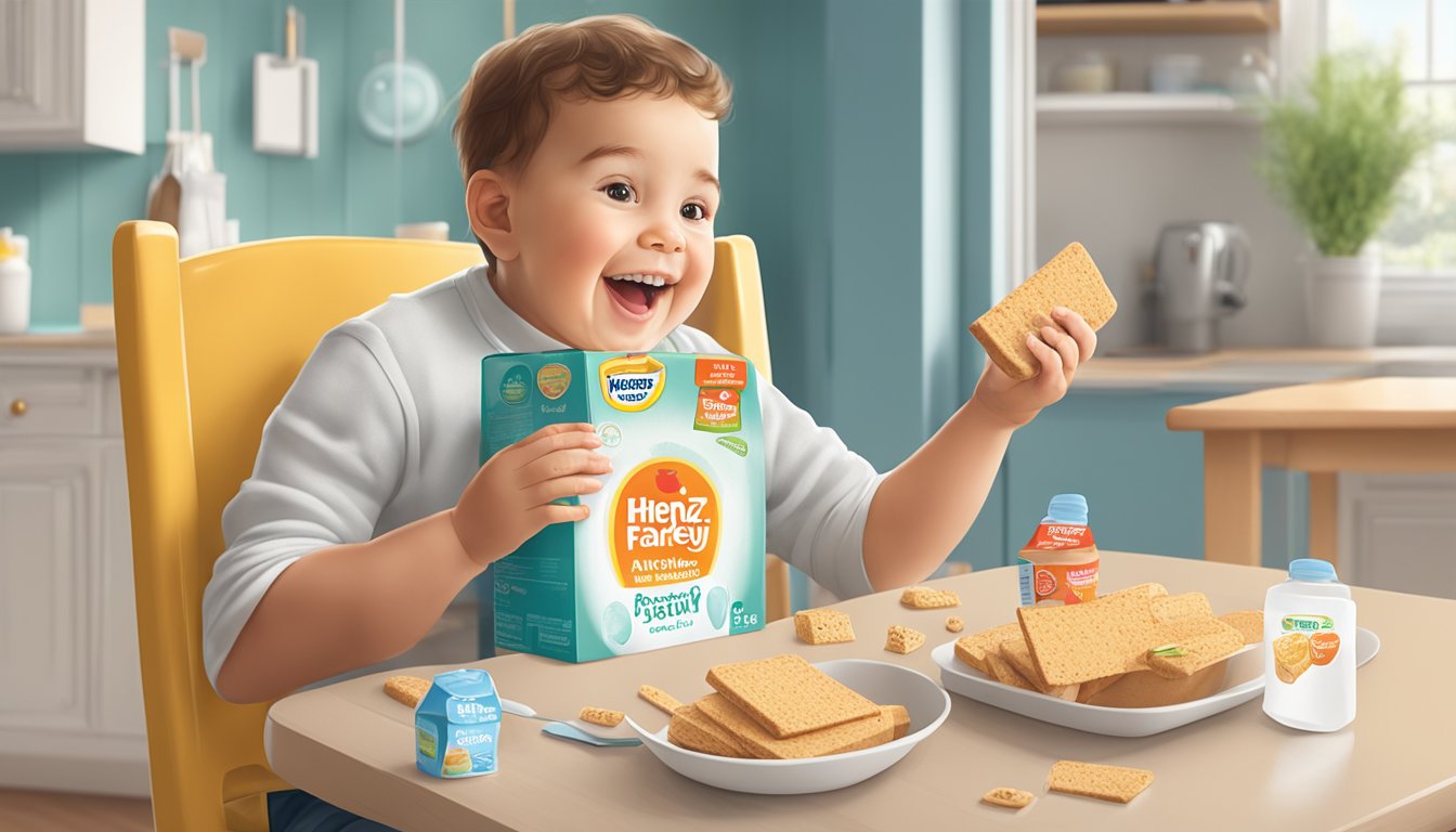 A baby sitting in a high chair, happily munching on Heinz Farley's Rusks while the parent checks the packaging for allergen information