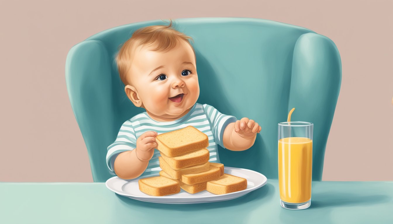 A baby sitting in a high chair, reaching for a Heinz Farley's Rusk on the tray, while holding and nibbling on another rusk