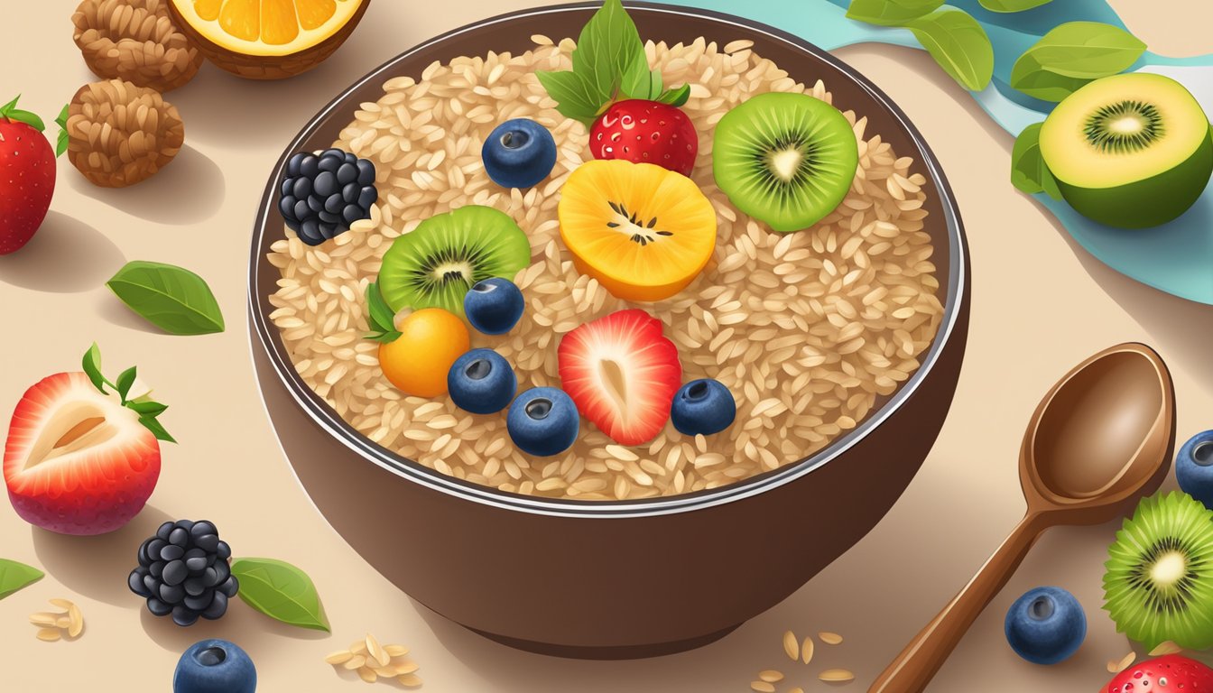 A colorful bowl filled with Healthy Times Organic Brown Rice Cereal, surrounded by fresh fruits and a spoon