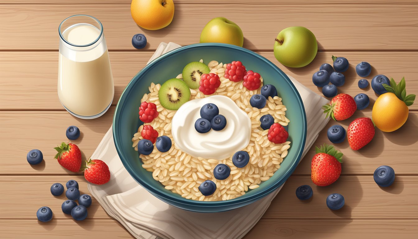 A bowl of Healthy Times Organic Brown Rice Cereal surrounded by fresh fruits and a glass of milk on a wooden table