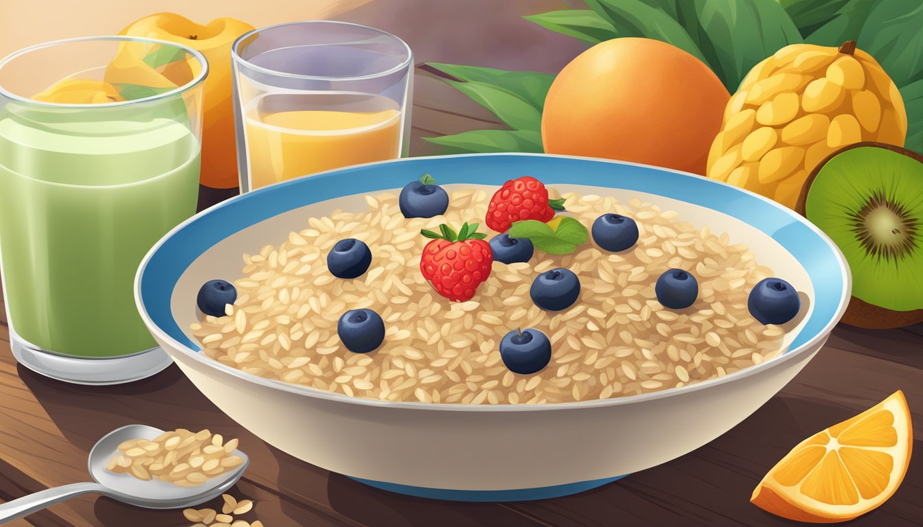 A bowl of Healthy Times organic brown rice cereal surrounded by fresh fruits and a glass of milk on a wooden table