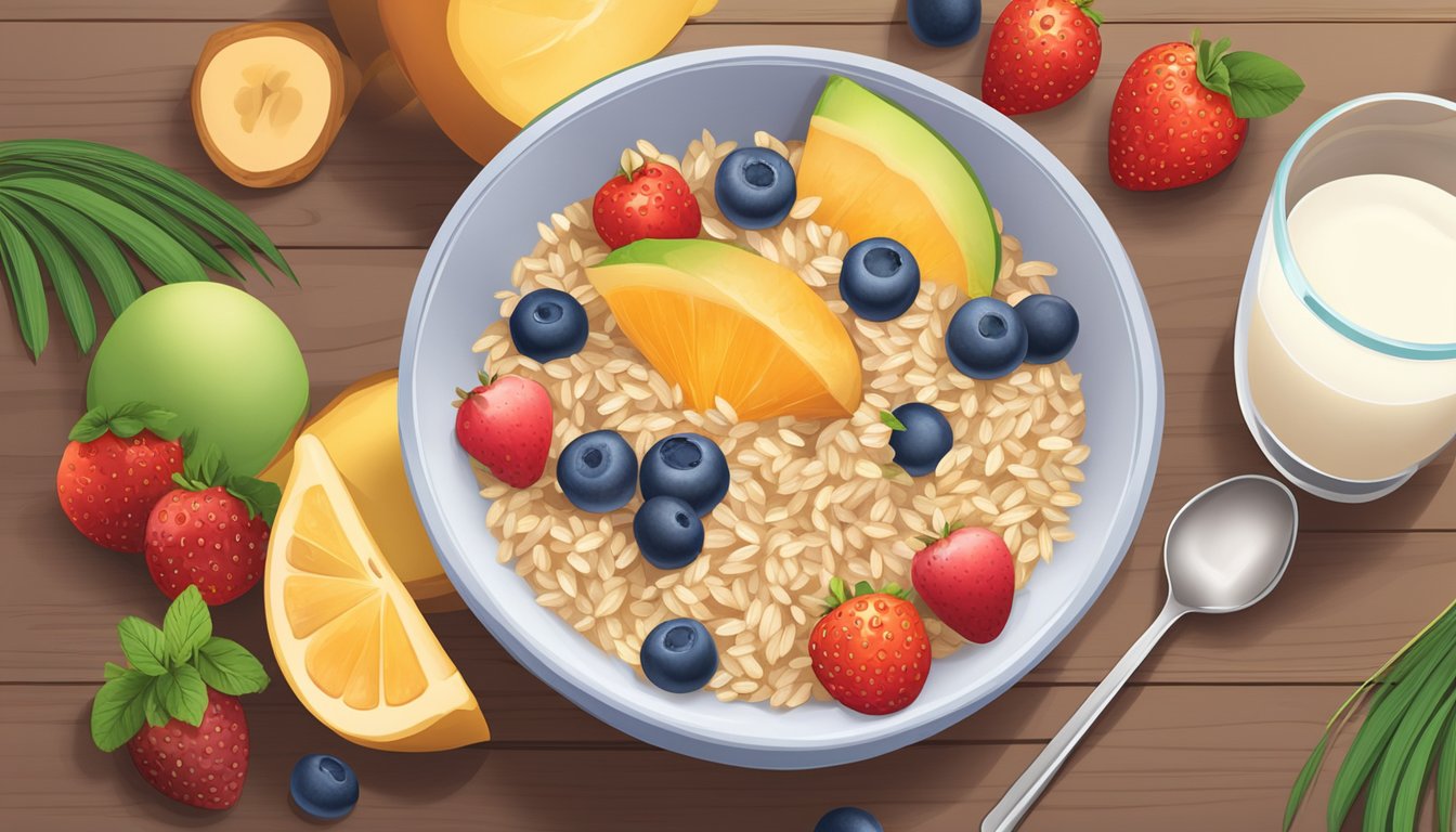 A bowl of organic brown rice cereal surrounded by fresh fruits and a glass of milk on a wooden table