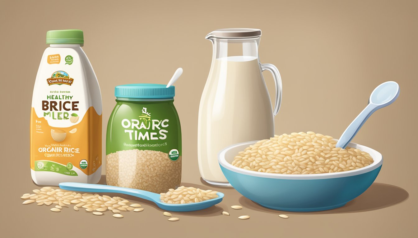 A bowl of Healthy Times organic brown rice cereal sits on a table, surrounded by a spoon and a measuring cup. A baby bottle filled with milk is placed next to the bowl