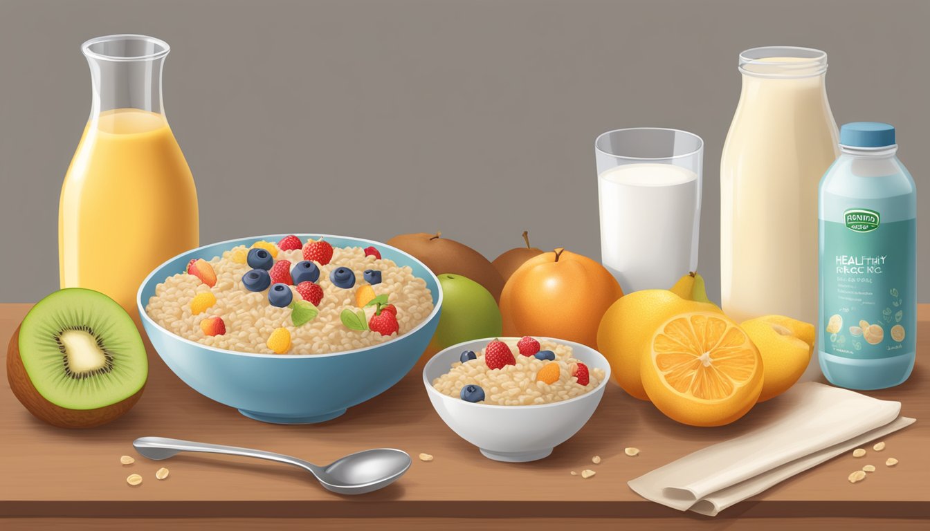 A bowl of Healthy Times Organic Brown Rice Cereal with a spoon, surrounded by fresh fruits and a glass of milk