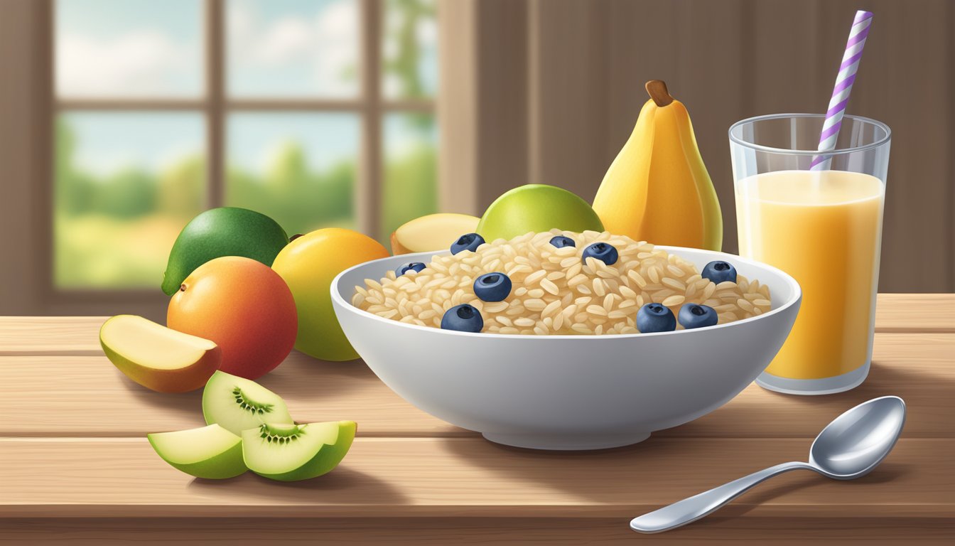 A bowl of Healthy Times Organic Brown Rice Cereal with a spoon on a wooden table, surrounded by fresh fruits and a carton of milk