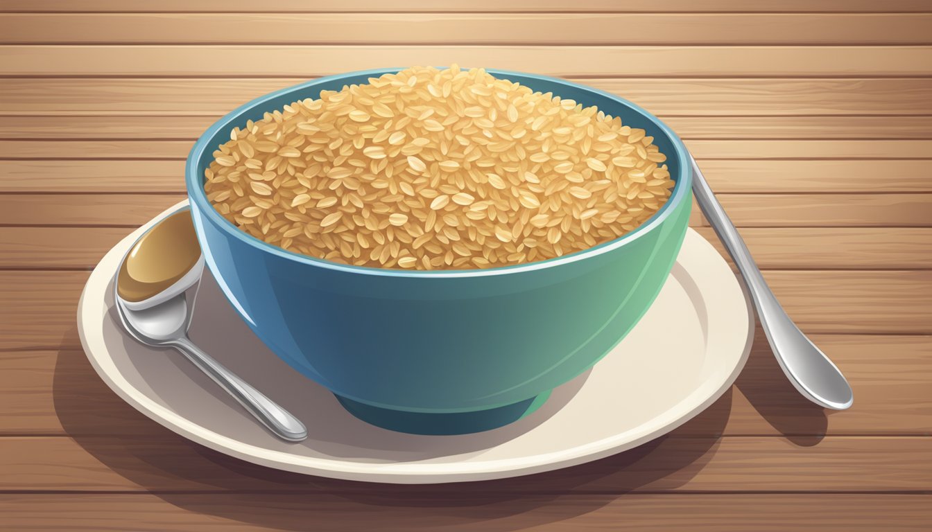 A bowl of healthy times organic brown rice cereal with a spoon on a wooden table