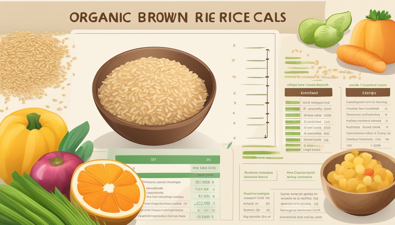 A bowl of organic brown rice cereal surrounded by fresh fruits and vegetables, with a nutritional analysis chart displayed next to it