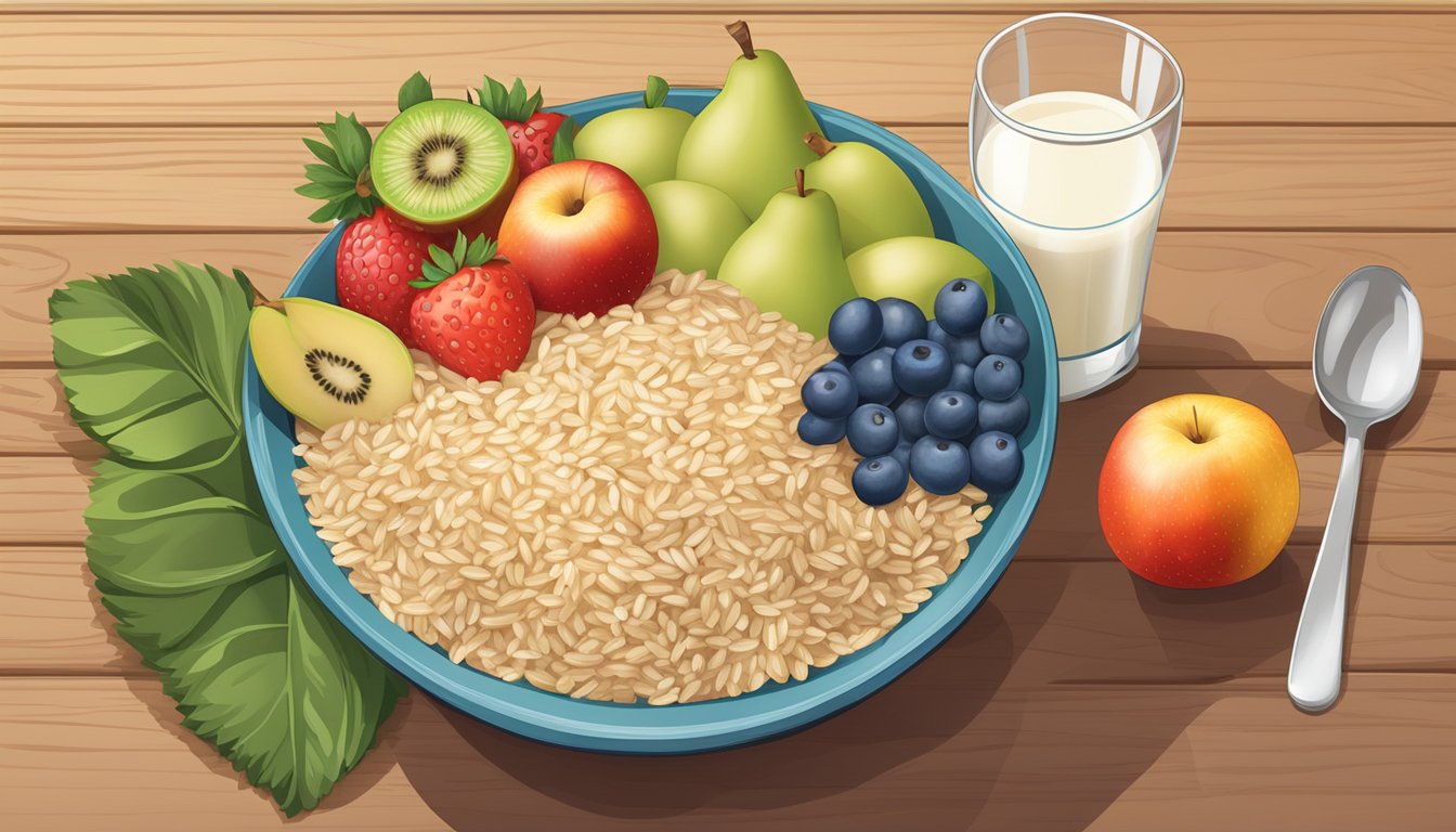 A bowl of Healthy Times organic brown rice cereal surrounded by fresh fruits and a glass of milk on a wooden table