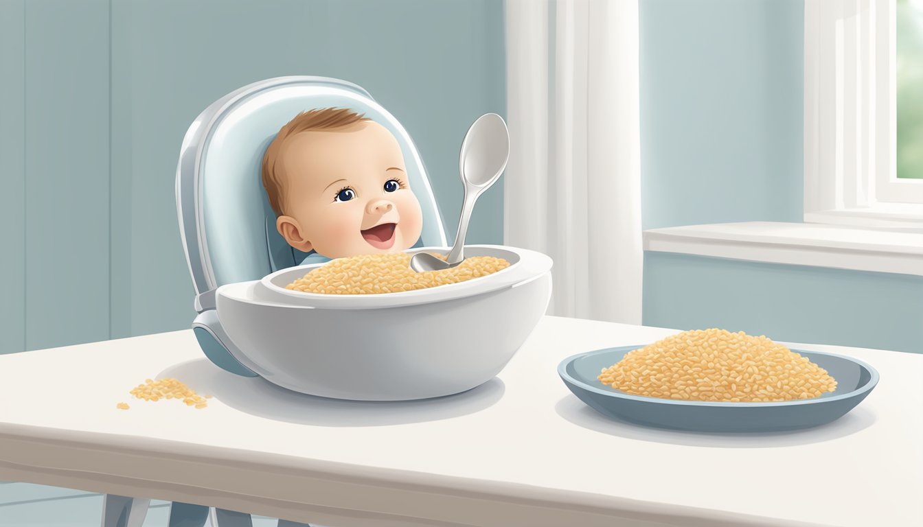 A baby's high chair with a bowl of organic brown rice cereal and a spoon on a clean, white table