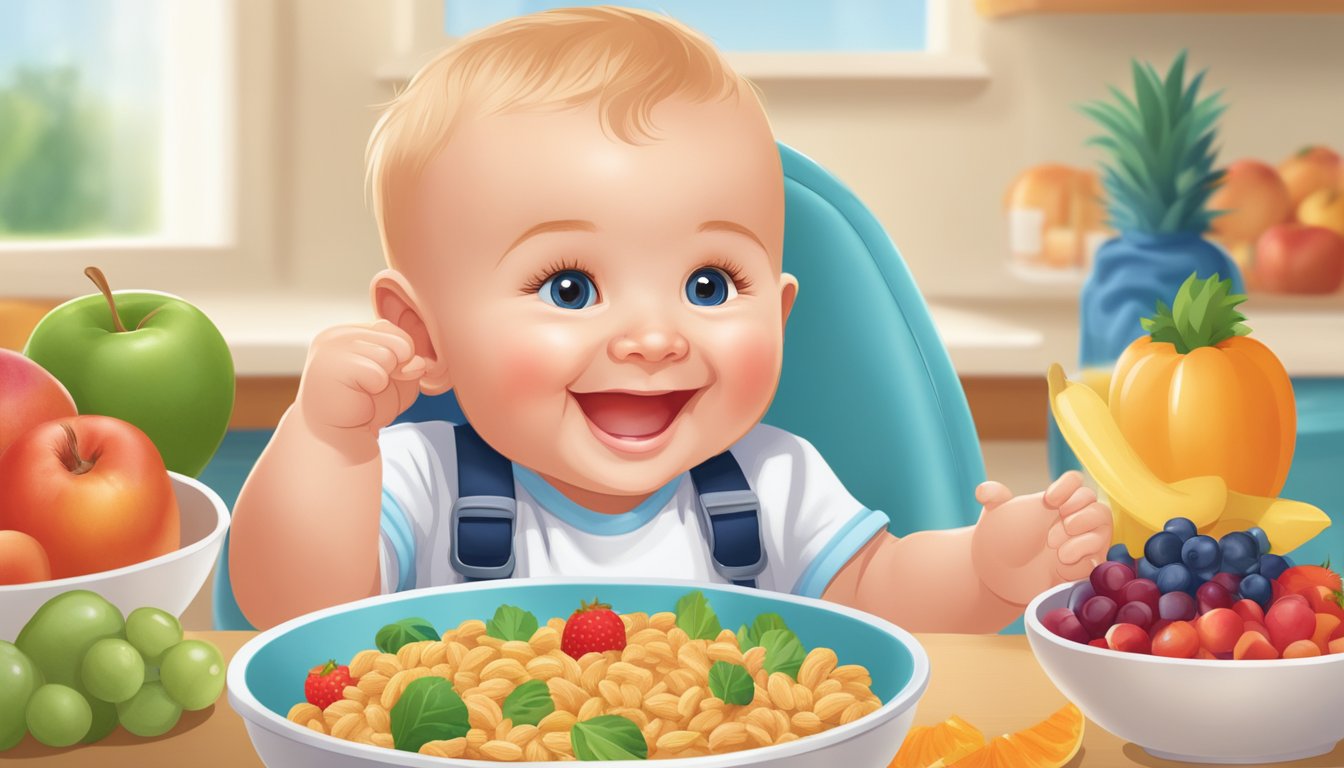 A smiling baby sitting in a high chair, eagerly reaching for a bowl of Healthy Times organic mixed grain cereal. A colorful background of fresh fruits and vegetables adds to the wholesome scene