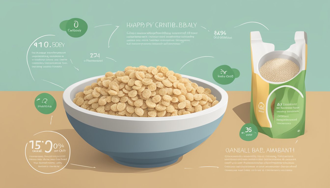 A bowl of Happy Baby Organics Clearly Crafted cereal surrounded by oats and amaranth, showcasing its nutritional profile