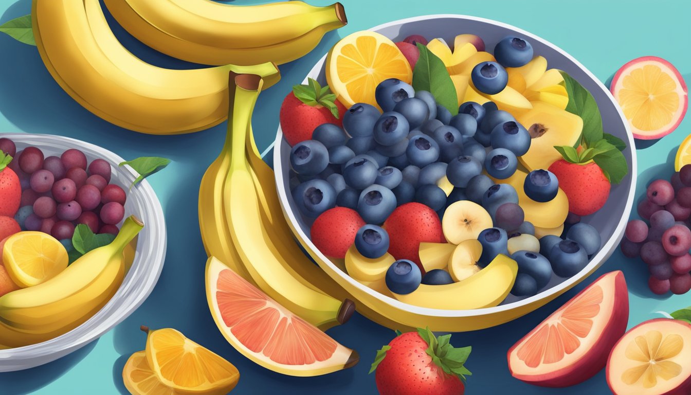 A colorful bowl filled with sliced bananas and blueberries, surrounded by a variety of fruits and a spoon