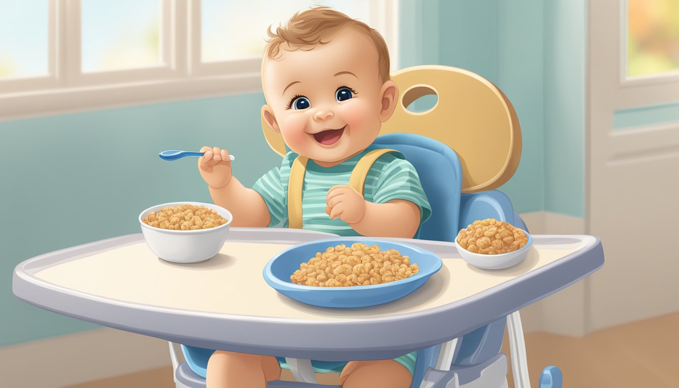 A baby's high chair with a bowl of Healthy Times Organic Mixed Grain Cereal, a spoon, and a smiling stuffed animal nearby