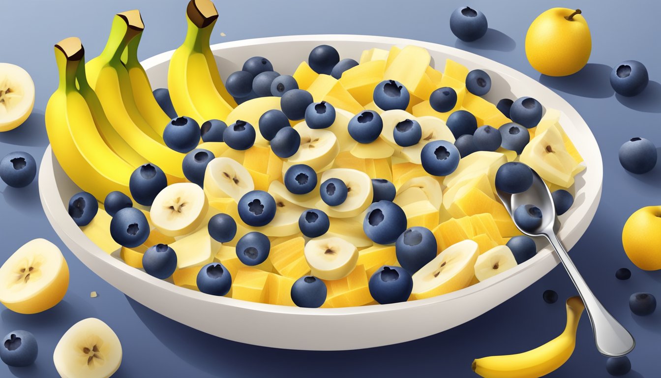 A colorful bowl filled with sliced bananas and blueberries, surrounded by scattered fruit pieces and a spoon