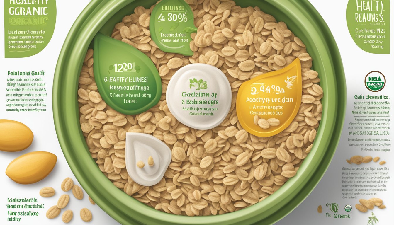 A bowl of Healthy Times organic mixed grain cereal with allergen information and safety warnings displayed on the packaging