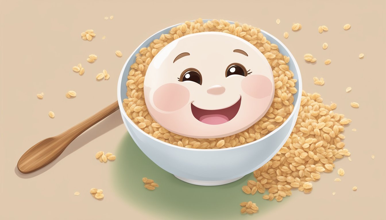 A bowl of happy baby organics clearly crafted cereal, surrounded by oats and amaranth, with a spoon resting on the side