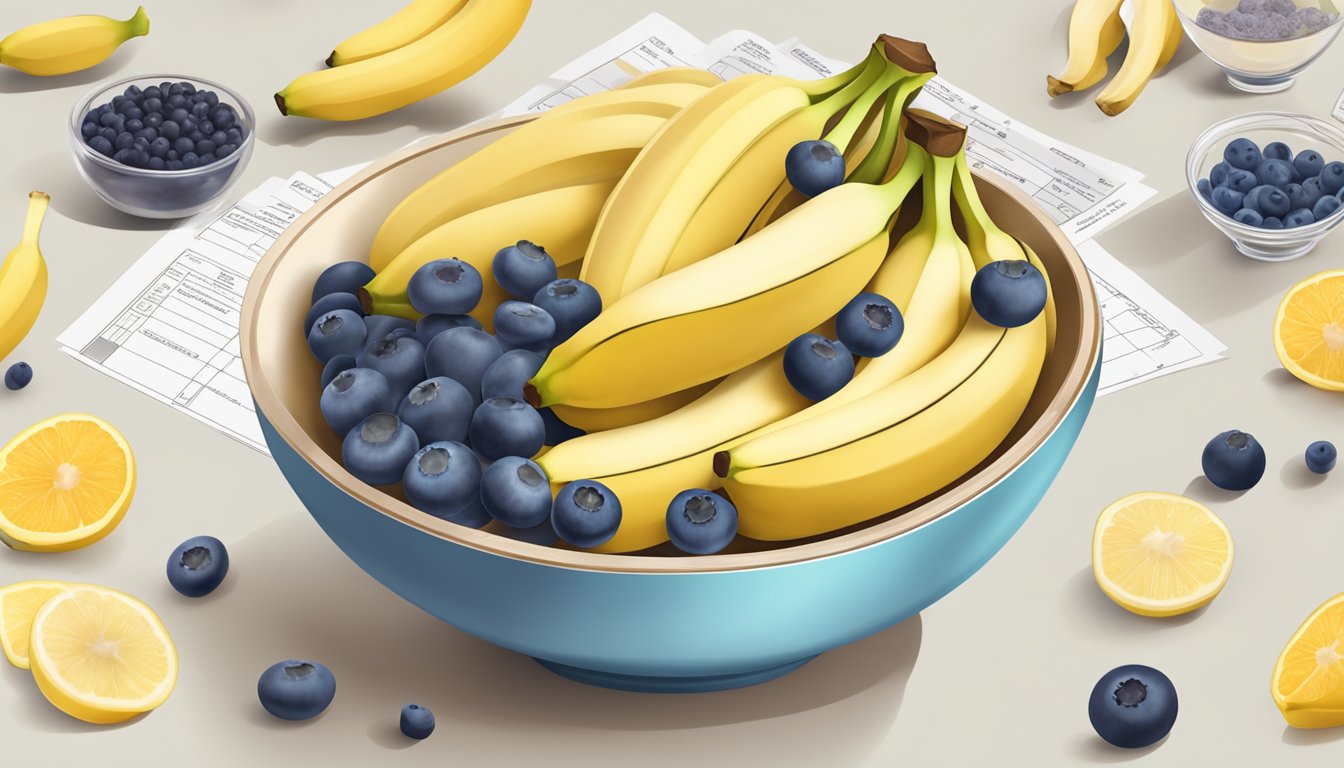 A colorful bowl filled with sliced bananas and blueberries, surrounded by scattered nutritional labels and analysis charts