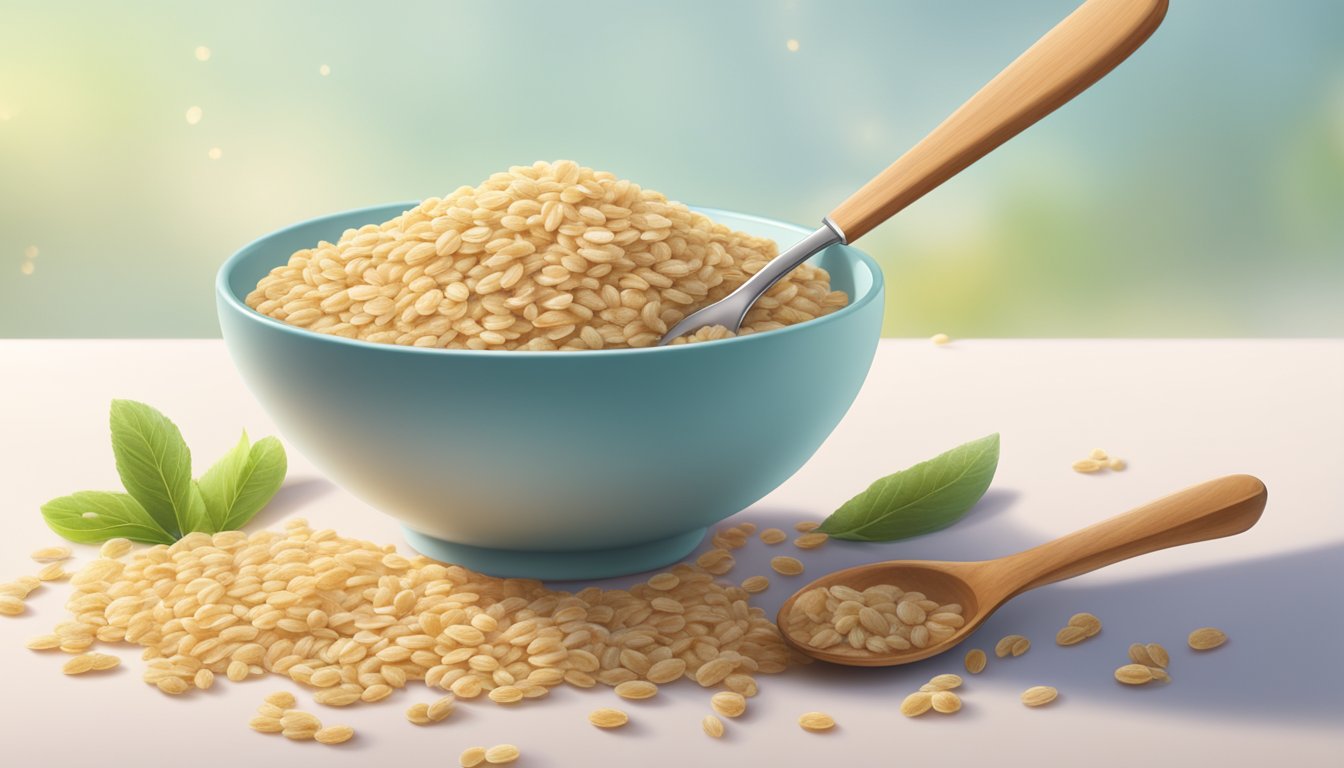 A bowl of Happy Baby Organics Clearly Crafted cereal sits next to a spoon, with oats and amaranth grains scattered around it