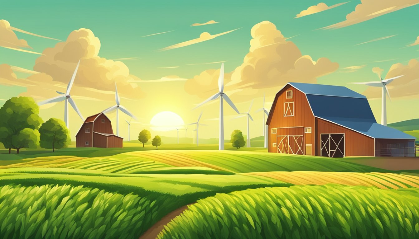 A lush green field with rows of various grains growing under a bright sun, surrounded by a barn and wind turbines