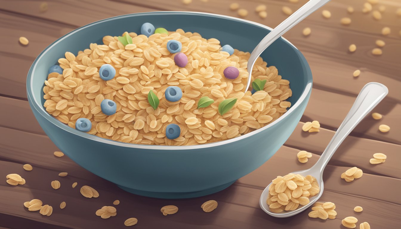 A bowl of Happy Baby Organics Clearly Crafted cereal sits on a wooden table, surrounded by scattered oats and amaranth, with a spoon resting beside it