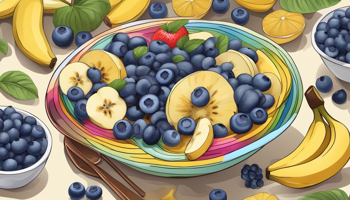 A colorful bowl filled with sliced bananas and blueberries, surrounded by fresh fruit and a spoon