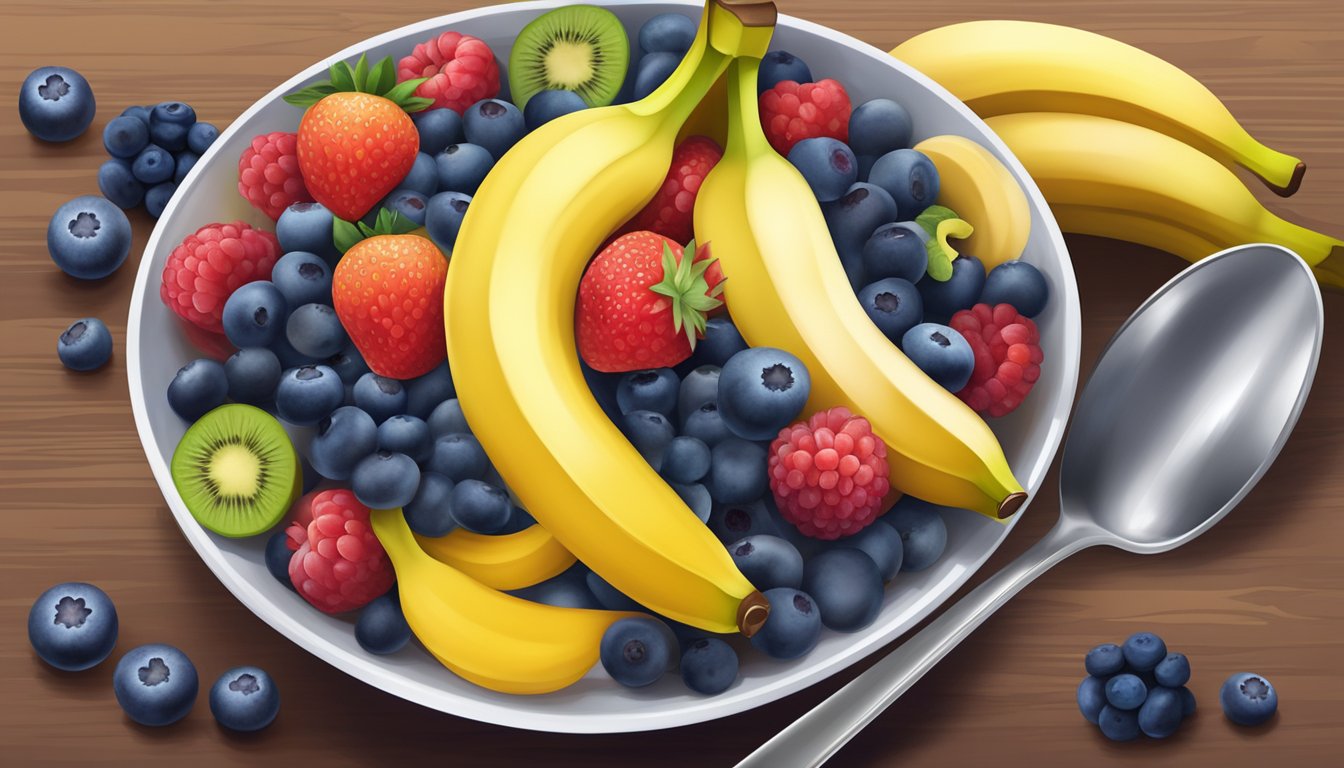 A colorful bowl filled with banana and blueberry, surrounded by fresh fruit and a measuring spoon