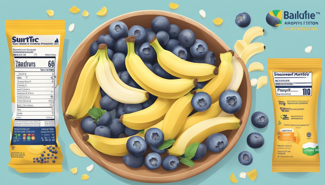 A colorful bowl filled with sliced bananas and blueberries, surrounded by nutritional information and happy tot branding