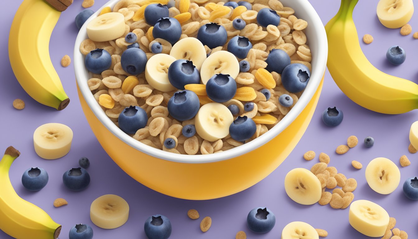 A bowl filled with banana and blueberry super morning cereal, surrounded by various happy tot product varieties and flavors