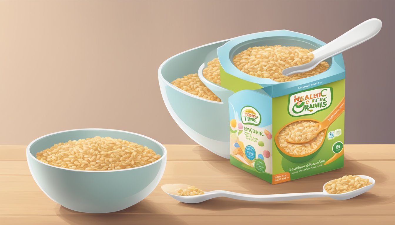 A spoonful of organic barley baby cereal being mixed with milk in a small bowl, surrounded by a measuring scoop and a box of Healthy Times cereal