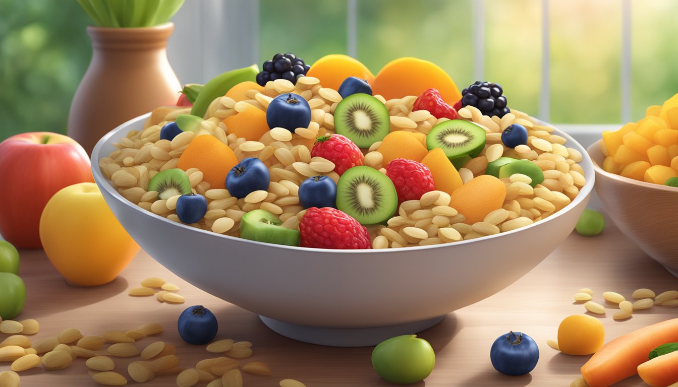 A colorful bowl of Healthy Times Organic Barley Baby Cereal surrounded by fresh fruits and vegetables, with a warm and inviting atmosphere