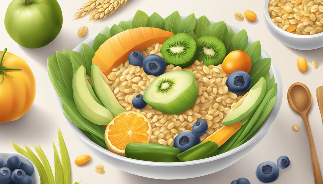 A bowl of organic barley baby cereal surrounded by fresh fruits and vegetables