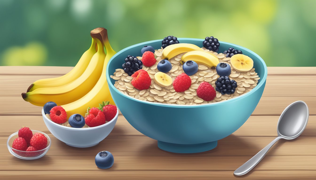 A colorful bowl filled with organic oatmeal, topped with fresh berries, bananas, and a sprinkle of chia seeds, sitting on a wooden table