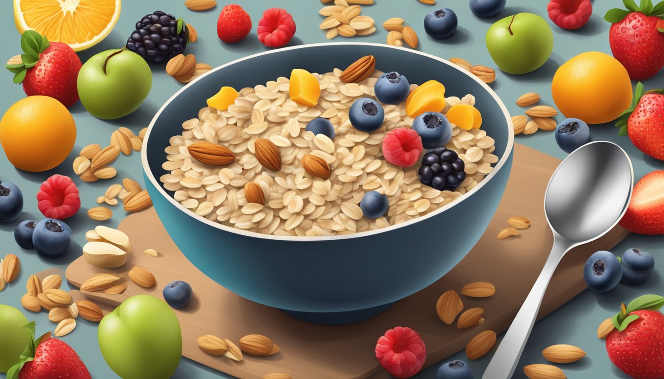 A colorful bowl filled with organic oatmeal, surrounded by fresh fruits and nuts, with a spoon resting on the side