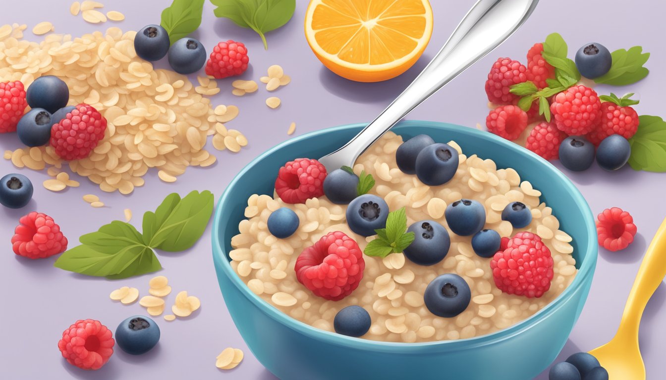 A colorful bowl of Happy Tot Organic Super Morning Oatmeal surrounded by fresh berries and a spoon