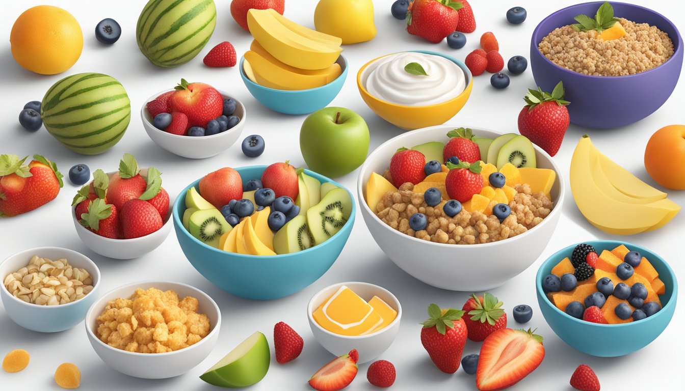 A colorful array of Happy Tot Super Morning Bowls surrounded by fresh fruits and wholesome ingredients