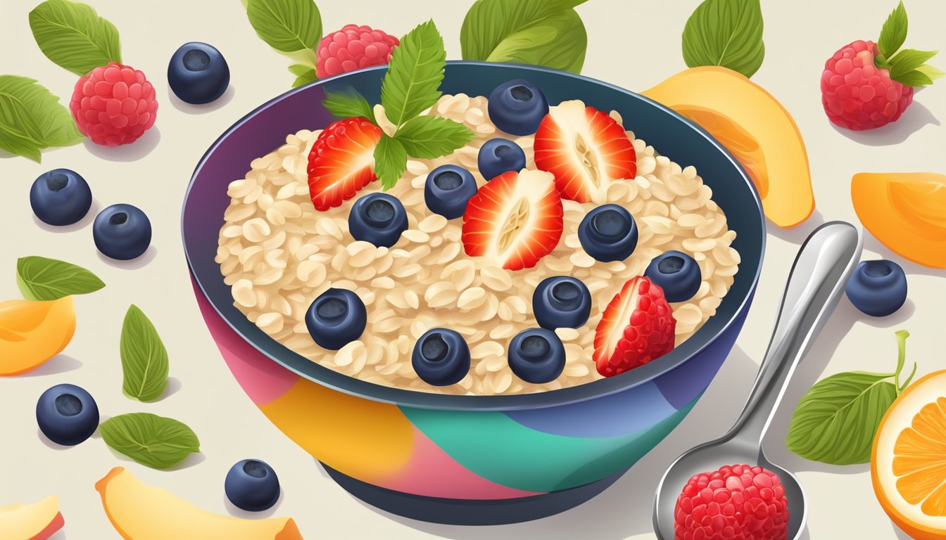 A colorful bowl of organic oatmeal surrounded by fresh fruits and a spoon