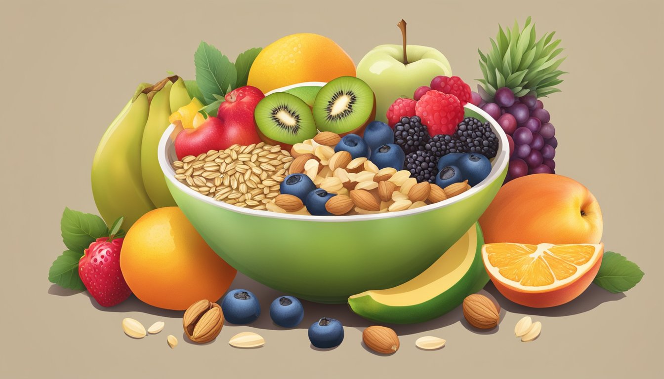 A colorful bowl filled with vibrant fruits, oats, and nuts, surrounded by fresh produce and a variety of superfoods