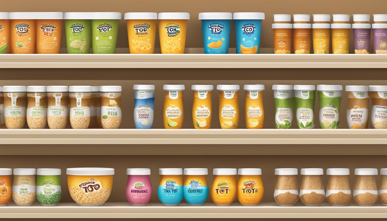 A colorful display of Happy Tot Organic Super Morning Oatmeal Bowls on a shelf in a grocery store