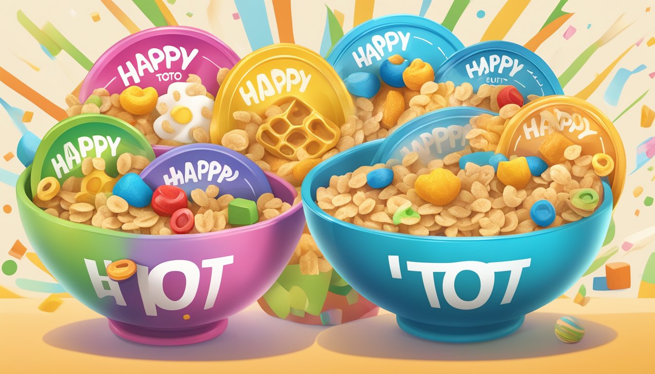 A colorful bowl of happy tot super morning cereal surrounded by certification badges and quality assurance symbols