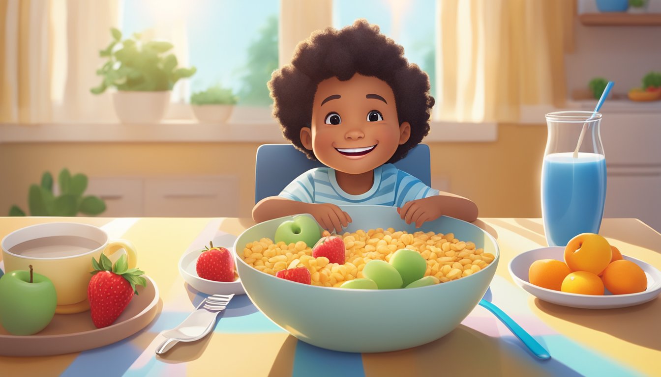 A smiling sun rises over a breakfast table with a colorful bowl of Happy Tot Super Morning cereal, surrounded by fresh fruit and a glass of milk