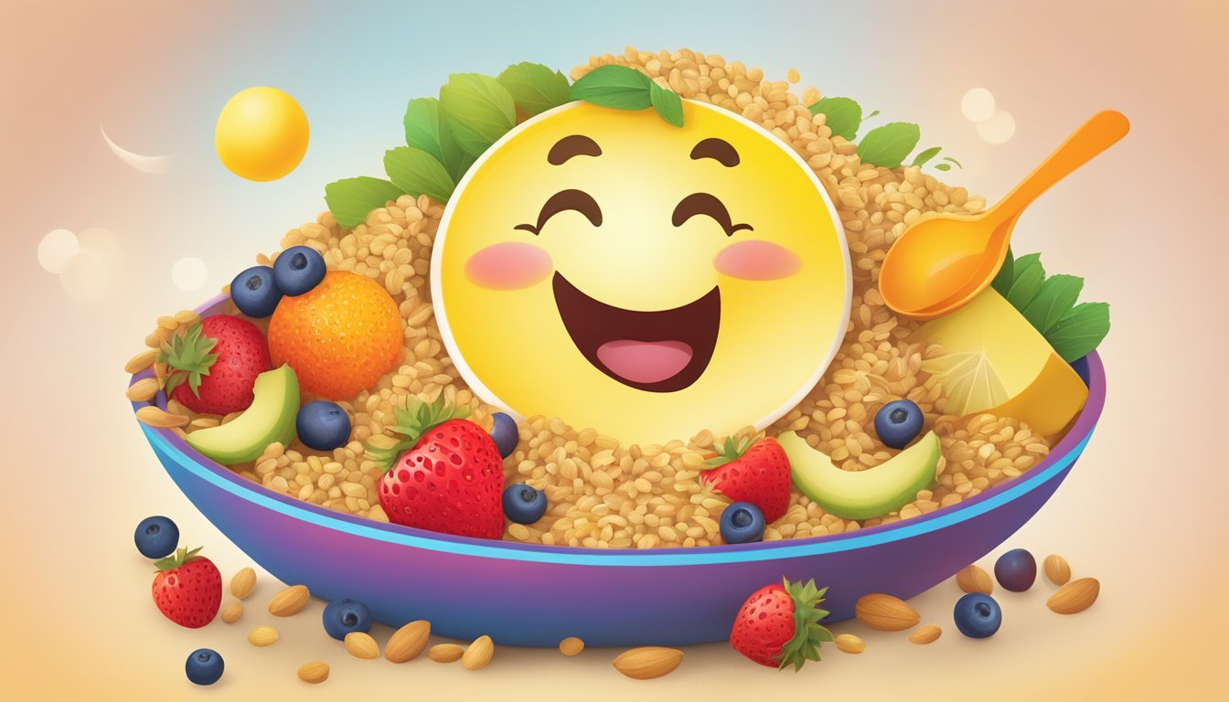 A smiling sun rises over a colorful bowl filled with fruits and grains, surrounded by a spoon and a happy tot logo