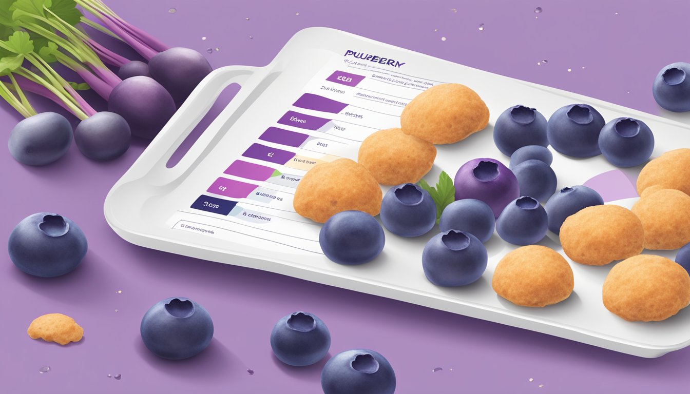 A colorful pile of purple carrot and blueberry superfood puffs arranged on a white plate with a nutritional analysis chart beside it