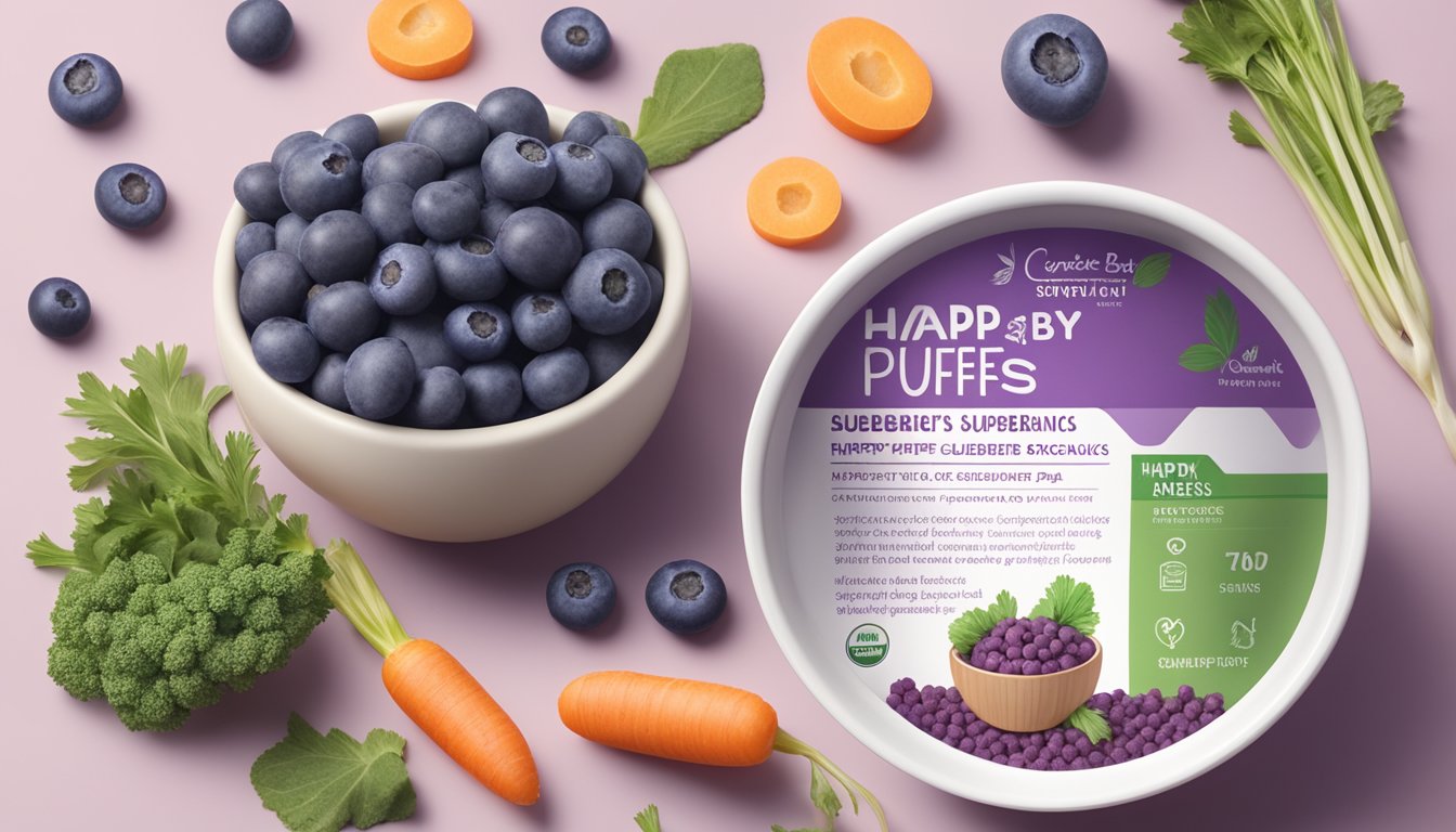 A bowl of purple carrots and blueberries surrounded by happy baby organics superfood puffs, with a nutritional analysis chart in the background