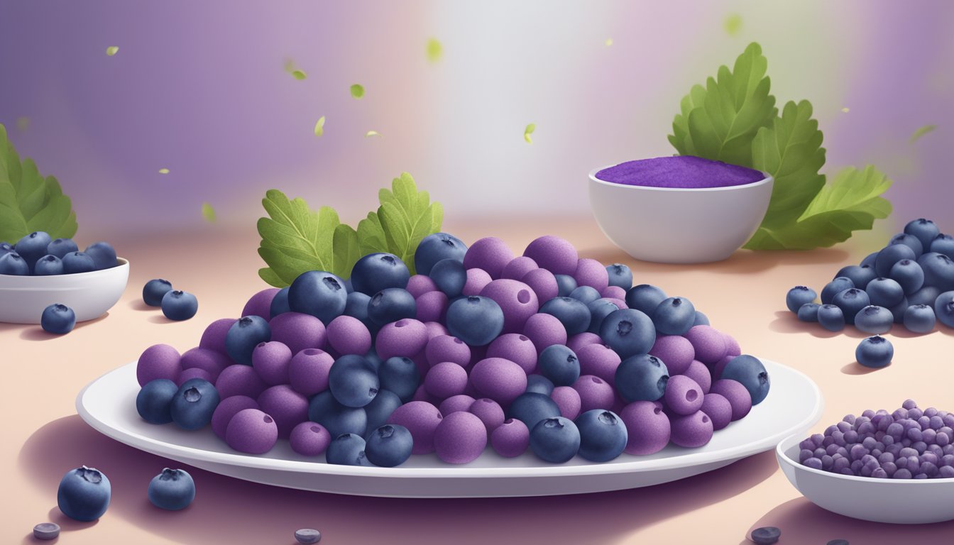 A colorful pile of purple carrot and blueberry superfood puffs arranged on a white plate, with a scattering of whole blueberries alongside