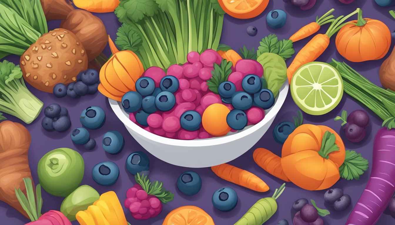 A colorful bowl of purple carrot and blueberry superfood puffs surrounded by fresh fruits and vegetables