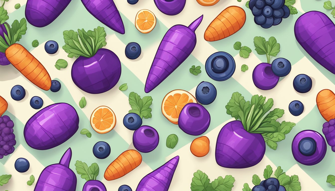 A colorful pile of purple carrot and blueberry superfood puffs arranged in a pattern, surrounded by symbols representing safety and quality standards