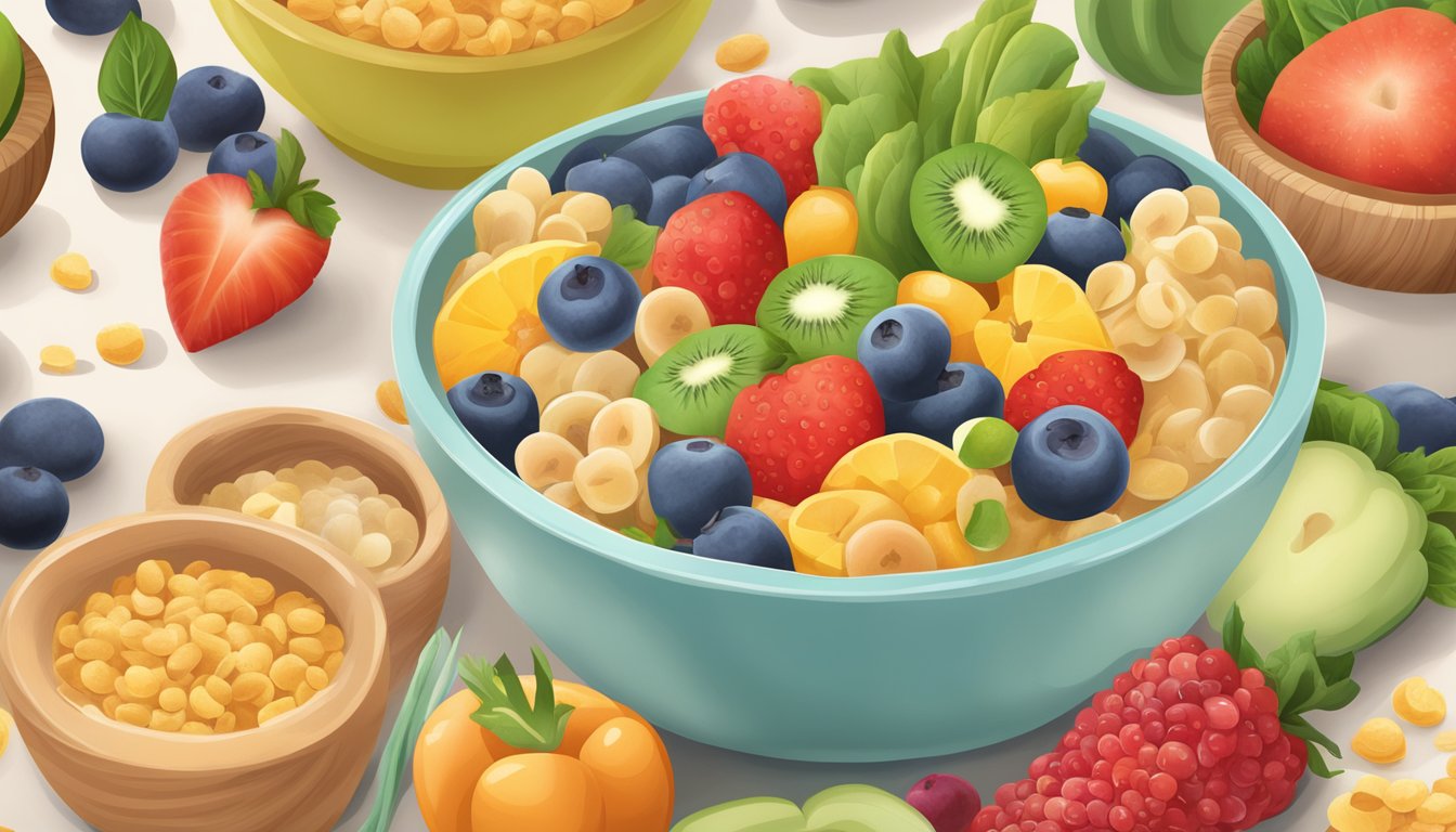 A bowl of Happy Bellies organic baby cereal surrounded by fresh fruits and vegetables