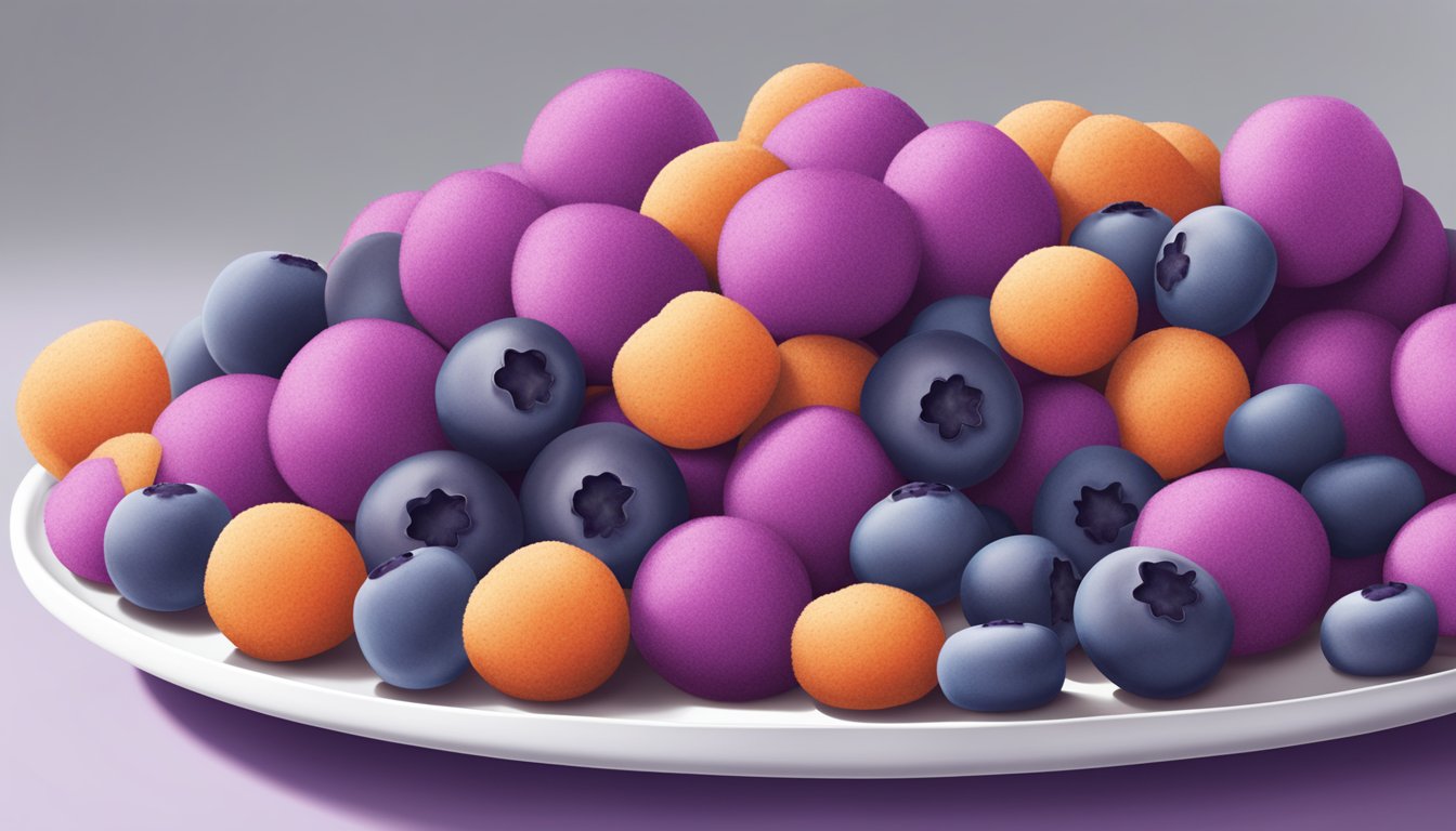 A colorful pile of purple carrot and blueberry superfood puffs arranged on a white plate, with a nutrition label next to it