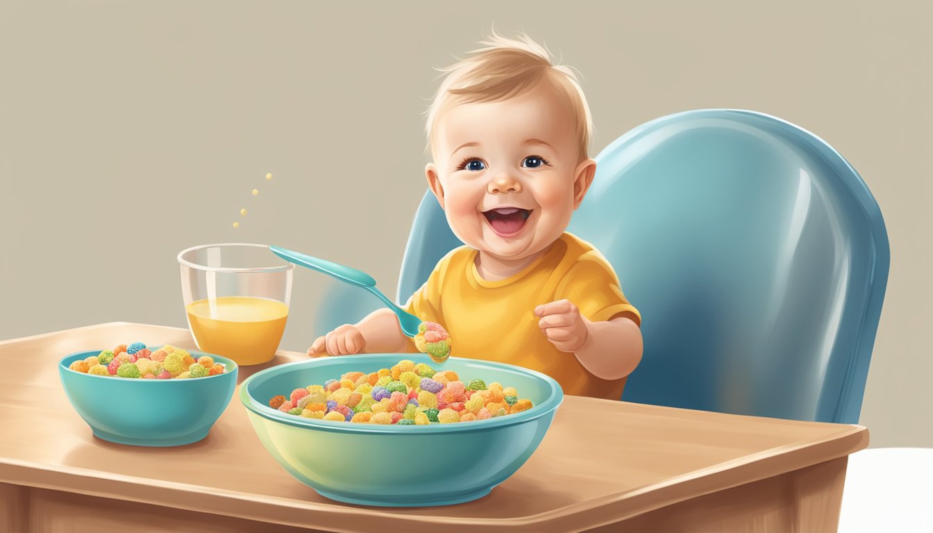 A smiling baby sits in a high chair, eagerly reaching for a spoonful of Happy Bellies organic baby cereal being fed to them. A colorful bowl and spoon are on the tray